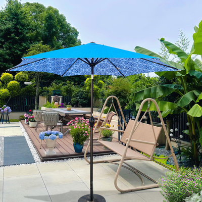 Parasol de patio de 9 pi avec motif + auvent bleu, forme ronde, mât en acier de 1,49 po, 6 nervures, système de manivelle, inclinaison à bouton-poussoir, évent pour stabilité, jardin d'eau avec glace et bleu, haute qualité,