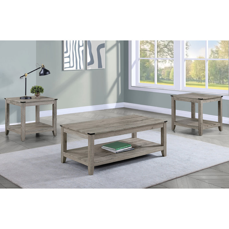 3-Piece Cocktail Set Wooden Table Top Rectangular Coffee Table and Two Matching Square End Tables, Brown/Grey