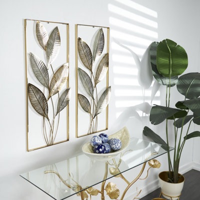 Metal Metallic Cutout Leaf Gold Wall Decor with Silver Accents Set