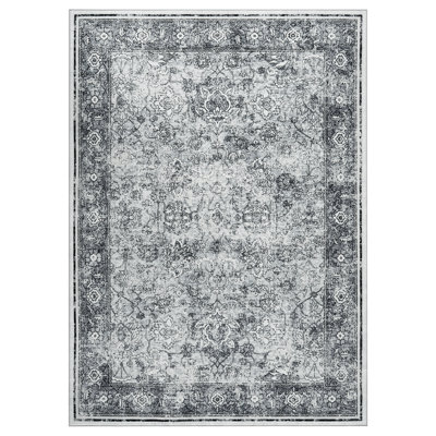 Vintage Washable Area Rug Distressed Floral Non-Slip Carpet Thin Collapsible Traditional Mat for Living Room Bedroom Kitchen Vintage Accent