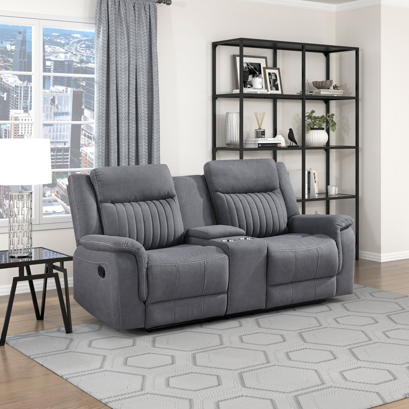 Causeuse inclinable double en microfibre polie avec console de rangement centrale et passe-verres intégrés Solida de 75 po Solida