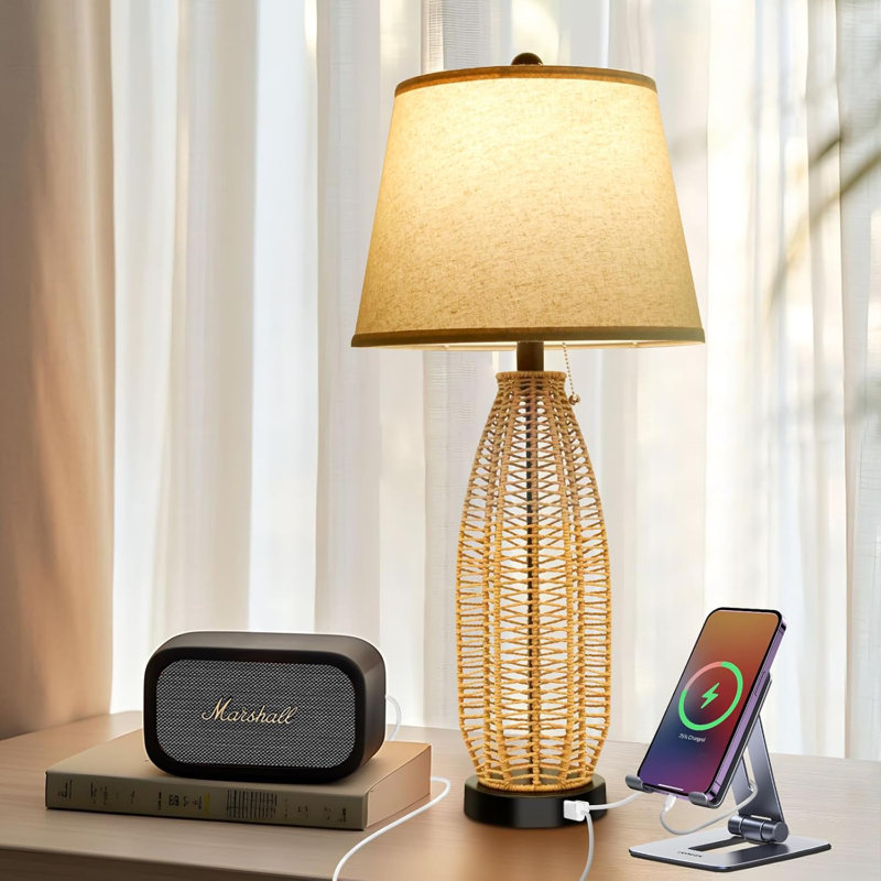 27" Boho Table Lamp: Rattan Lamp with USB A+C Charging Ports, 3-Colour Temperatures Boho Lamp with Pull Chain, Boho Bedside Lamp for Nightstand Bedroom Living Room, Bulb Included, 1-Pack