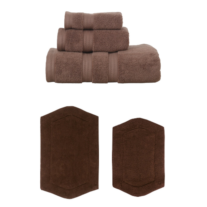 Bryd Collection 100% Soft Cotton 3 Pc Towel Set & 2 Pc Bath Rug Set, (Set of 5), Chocolate