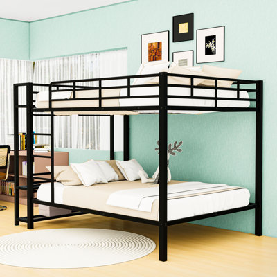 Queen over Queen Metal Bunk Bed with LED-Lit,Storage Shelves, Full-Length Guardrails