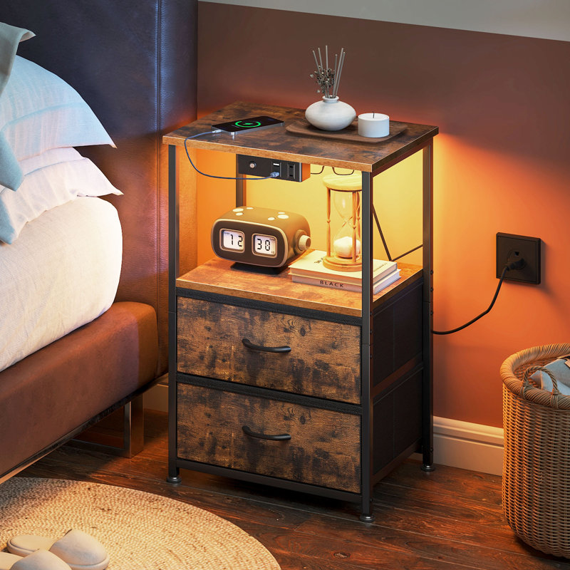 Nightstand With 2 Fabric Drawers,modern Bedside Table With Power Outlets,everyday Side Table With Led Light Strip,end Table With A Large Storage Shelf