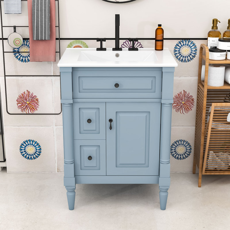 Meuble-lavabo autoportant avec lavabo, rangement réglable, Bleu/gris