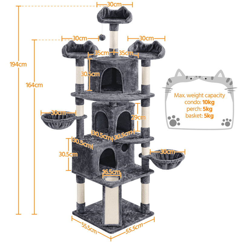 192cm H Cat Tree, Dark Grey