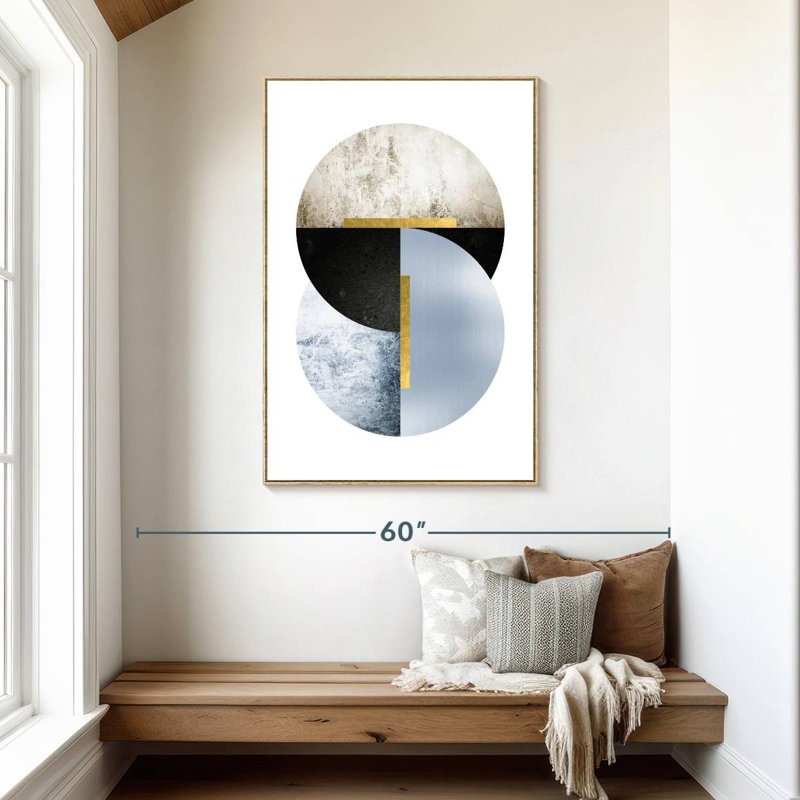 Bleu, beige, noir, géo, Cadre flottant en bois naturel, 31 po x 46 po