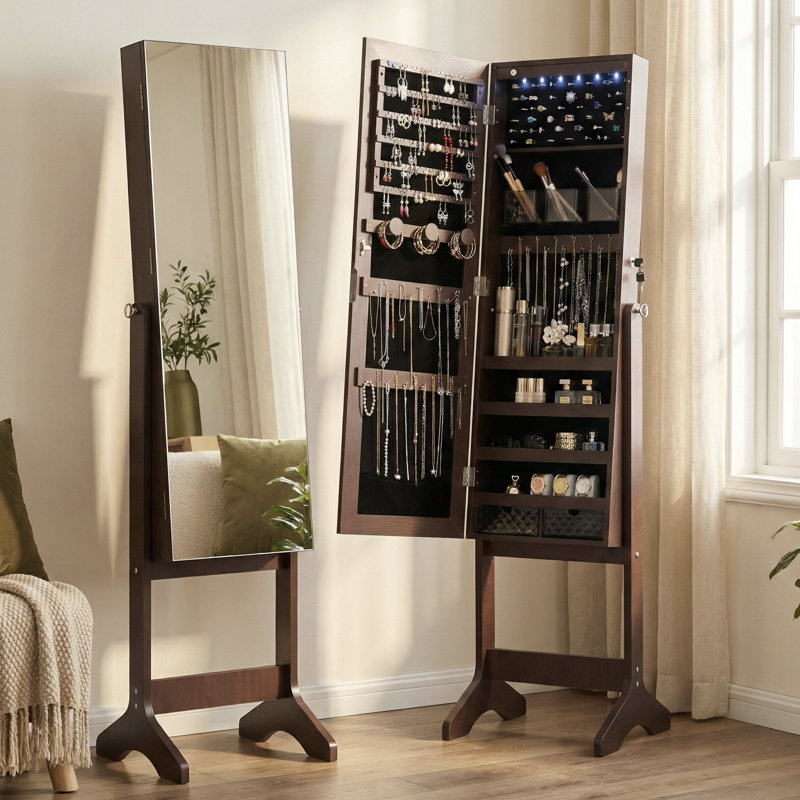 Armoire à bijoux pleine grandeur avec lumières DEL à allumage automatique, 4 miroirs à angle réglable, brun, Brun