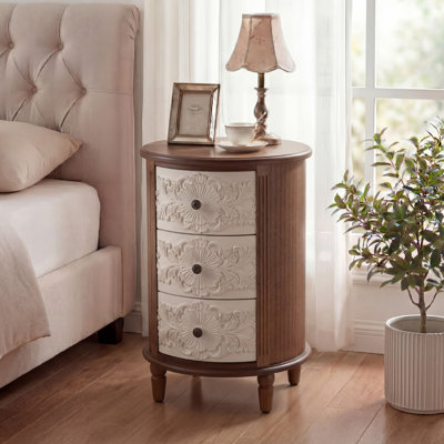  17.7" W Brown Carved Wooden Nightstand with 3-Drawer