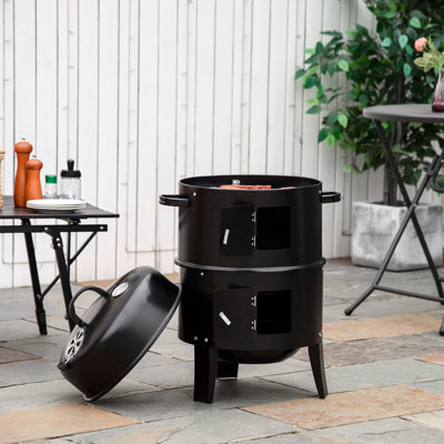 Fumoir vertical au charbon de bois - Barbecue 31 16 po avec 2 zones de cuisson et thermomètre pour le camping en plein air, le pique-nique, les grillades dans la cour, le barbecue rond noir jais, deux zones, la structure en métal
