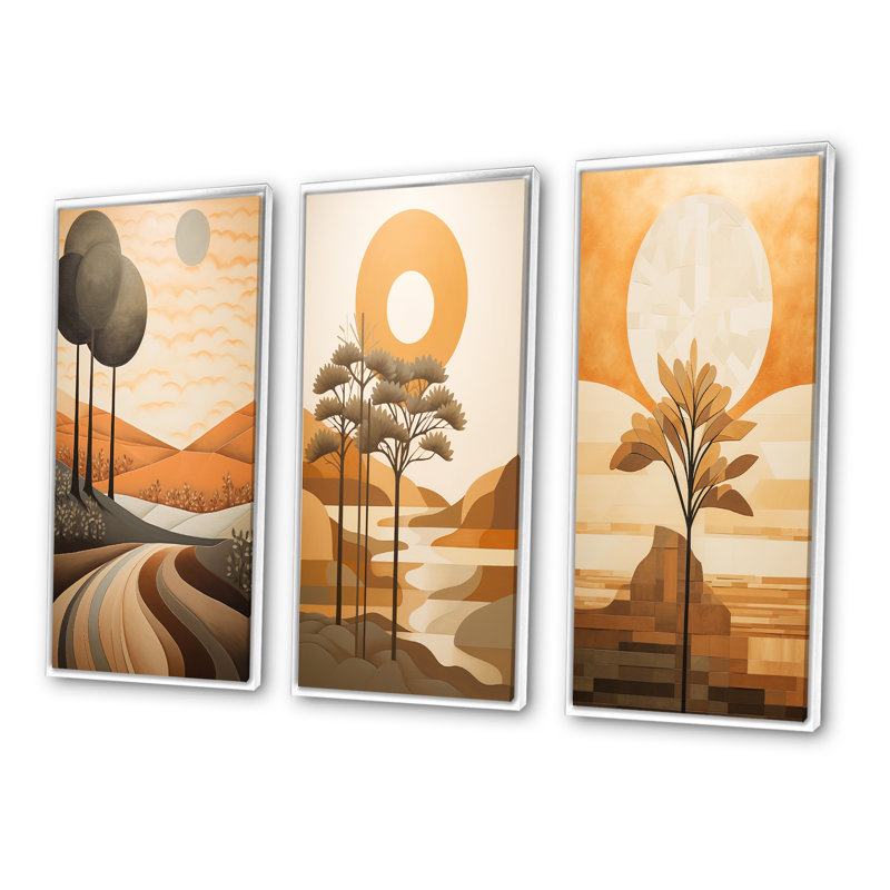 «Full Moon River Glow Retro Landscape», 3 pièces, H 60 po x l 40 po, Cadre flottant blanc