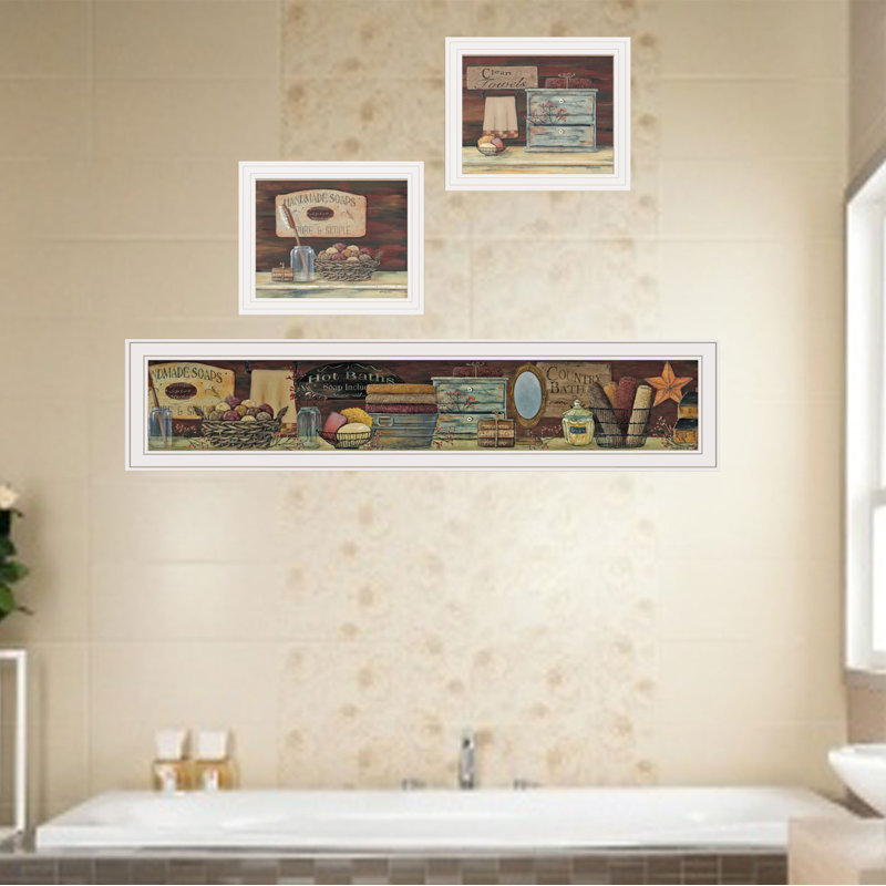 "Country Bath 1", art mural encadré 3 pièces pour salon, maison, par Pam Britton, 14" H x 39" W x 1" D, White Framed