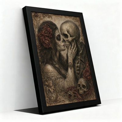 Art rétro sur toile, crâne de sucre et femme squelette avec Halloween rouge