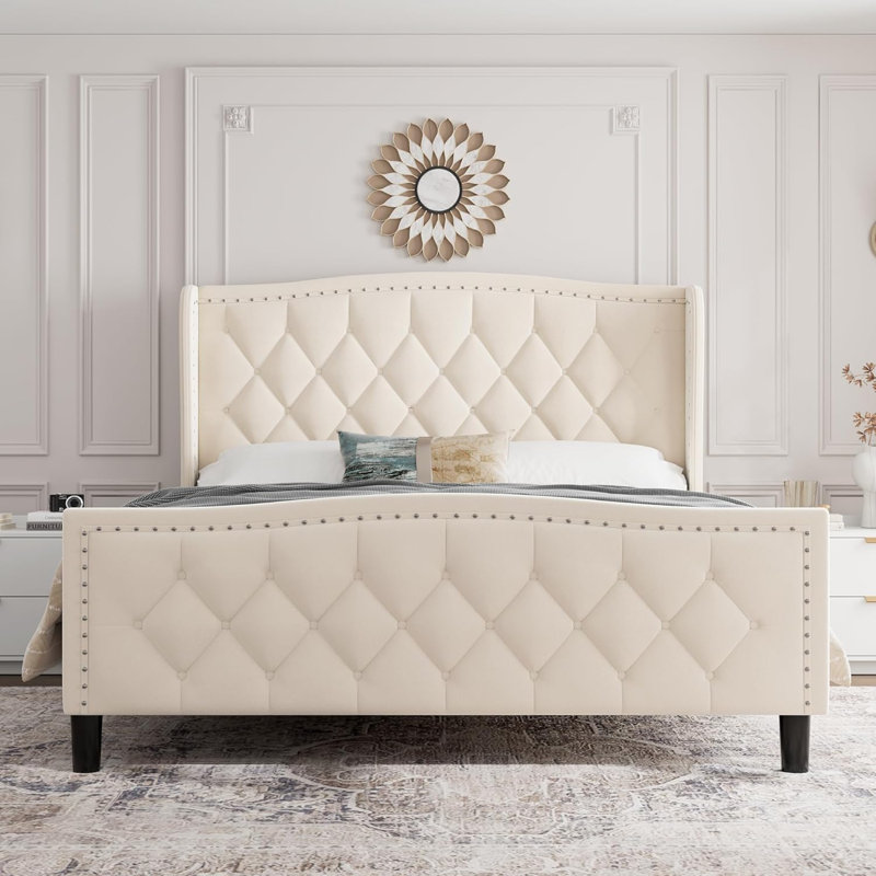 Upholstered Queen Bed Frame, Velvet Upholstery, Wingback Headboard, Wood Slat Support, No Box Spring Required, Modern Bedroom Use