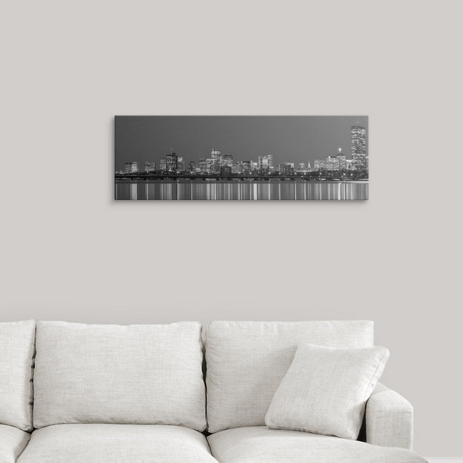 «Boston City Skyline at Night», reproduction de photo, H 24 po x l 56 po x P 1 po, Cadre blanc