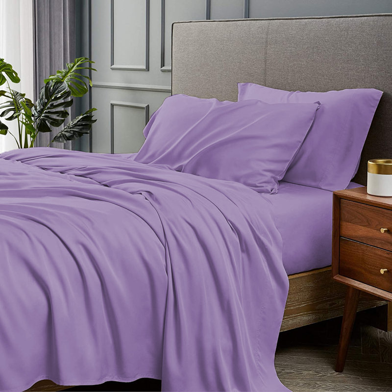 Ensemble de draps 4 pièces en rayonne de bambou, Ensemble de draps pour grand lit avec 2 taies d'or, Lavande