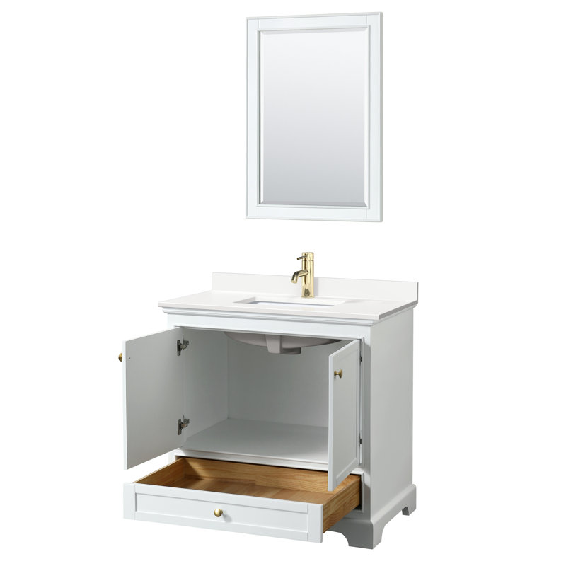 Ensemble de meuble-lavabo simple autoportant 36 po avec plateau en quartz Deborah, Quartz blanc, Blanc, Or brossé