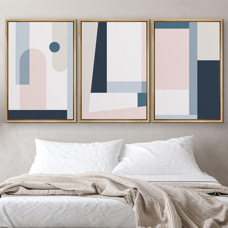 Œuvres de style Mid-Century pastel géométrique pastel, œuvre d'art minimaliste contemporaine, Blanc, H 36 po x l 72 po