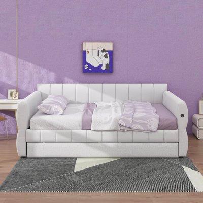 Lit de jour Lambswool, lit plateforme tapissier avec port USB et lit gigogne