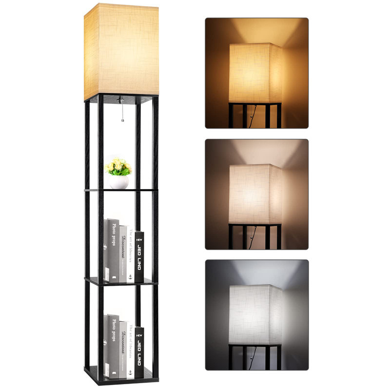 Lampe sur pied à DEL moderne noire avec tablettes: triple affichage, 3 températures de couleur