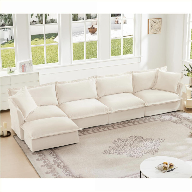 Canapés modulaires | Canapé moderne en L pour 4 personnes à assise profonde | Chenille | Crème, Chenille crème