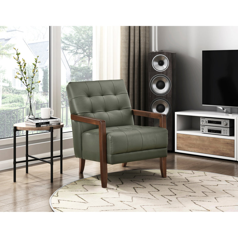 Fauteuil d'appoint en cuir avec pieds en noyer et coussin de dossier