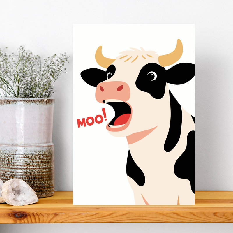 Vache drôle et meuglante - Illustration abstraite contemporaine représentant une vache dans un paysage naturel, 18" H x 12" W
