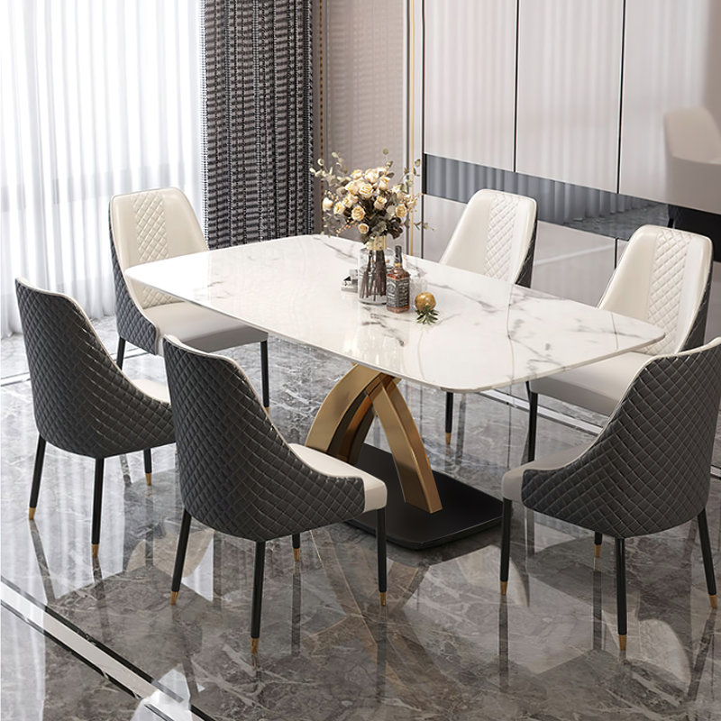 Table de salle à manger 70,8 po rectangulaire pour 4 à 6 personnes, table de cuisine moderne avec plateau en pierre frittée et base en métal doré en forme de X pour la salle à manger, le restaurant, blanc et or