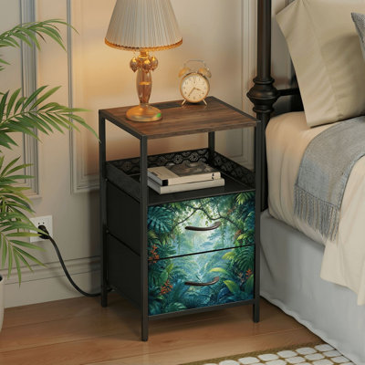Nightstand with Charging Station, 2 Drawer Bedside Table with USB Ports and Outlets, Open Shelf, Black Night Stand for Bedroom Living Room Green Jungle Canopy Tropical Leaves Soft Light Print