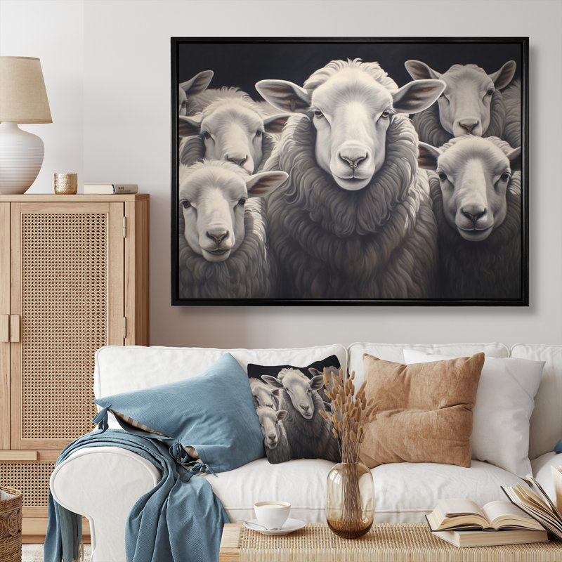 Famille de moutons monochrome II - impression, H 30 po x l 40 po x P 1,5 po, Cadre flottant noir