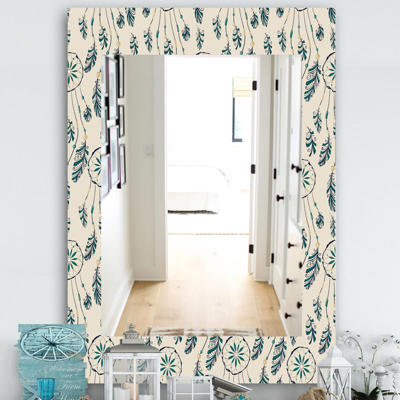 Miroir mural bohémien et éclectique 24 plumes, H 24 po x l 32 po