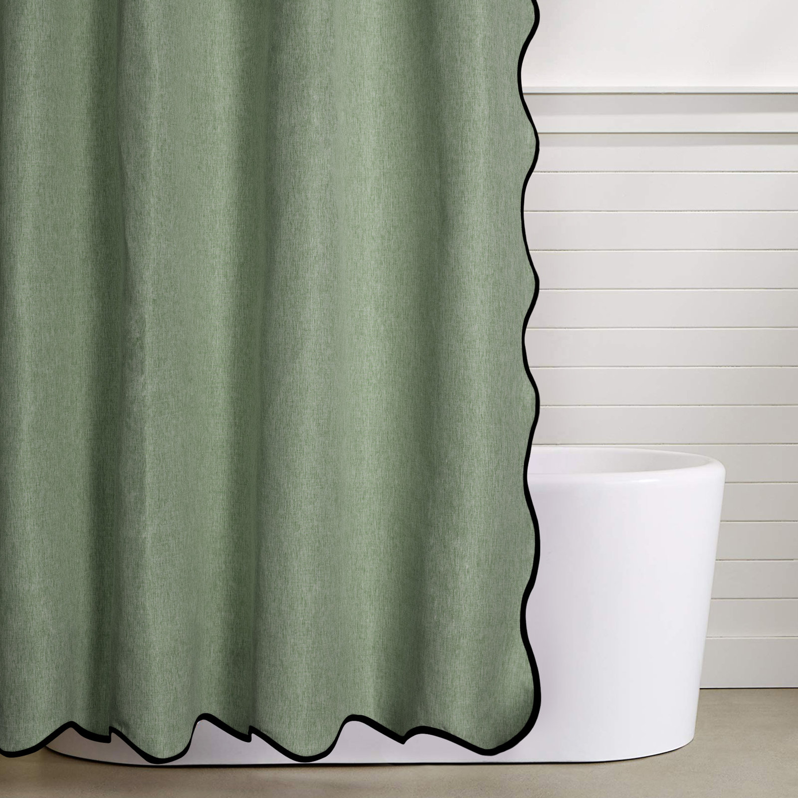Farmhouse Linen Textured Scalloped Edge Shower Curtain, Sage, 72" H x 72" W