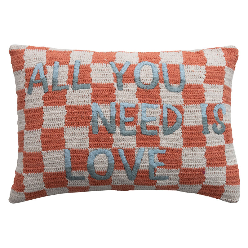 Crocheted Check Lumbar Pillow, Orange/White Checkered