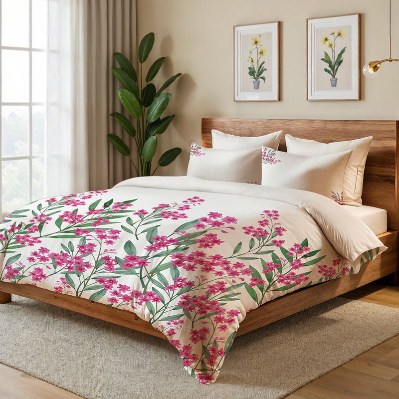 Ensemble de housse de couette luxueuse (3 pièces), crème / vert / rose | 70% coton / 30% polyester, 94,5 po x 86,6 po | Lavable à la machine, 145 fils au pouce, housse de couette et enveloppe à boutons | Décoration intérieure élégante
