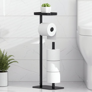White Medium-Sized Freestanding Rust-Proof Metal Toilet Paper Holder, Holds 4 Rolls Of Toilet Paper, With Non-Slip Base And Shelf. A Great Item For Bathroom Organization.