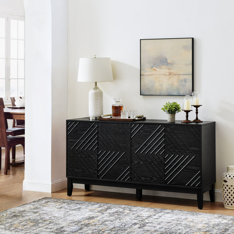 Buffet en bois Doheny avec portes géométriques et tablettes réglables