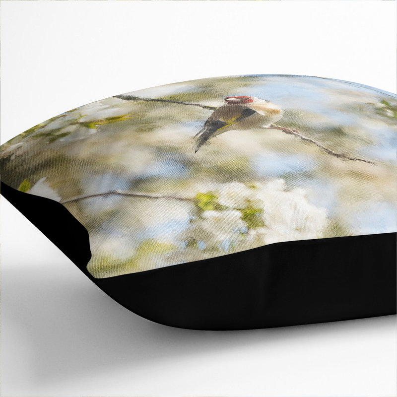 Goldfinch Bird In A Cherry Tree Painting Square Throw Cushion, 55cm H x 55cm W x 20cm D, Black