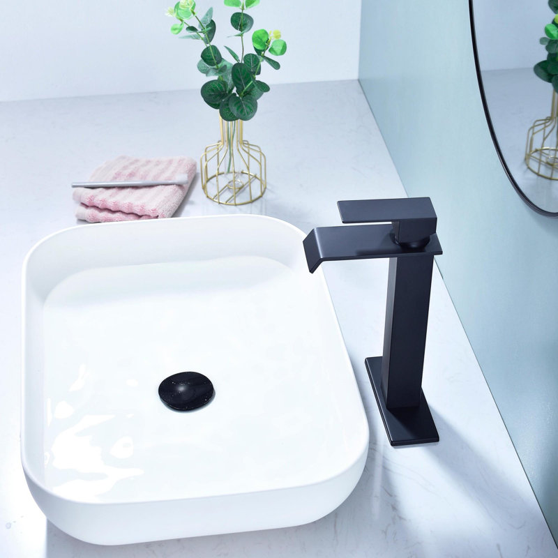 Robinet de lavabo de salle de bain à poignée simple avec bec cascade, Noir mat