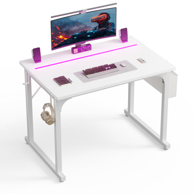 Home Office Computer Desk With LED Lights For Small Spaces, Study Writing Desk With Storage Bag And Headphone Hook