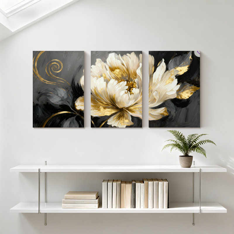 Pivoine fleur blanche avec accents dorés sur fond foncé, ensemble de 3 impressions sur toile, H 30 po x l 60 po