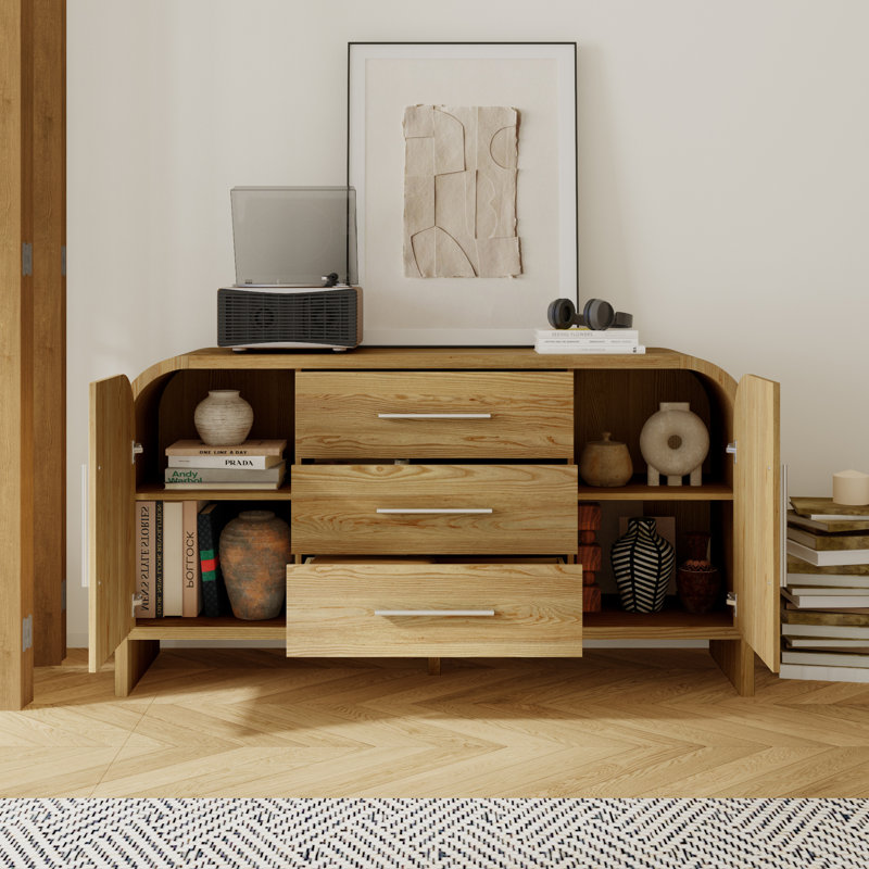 59.1'' W Light Wood Grain Surface 2-Door 3-Drawer Cabinet
