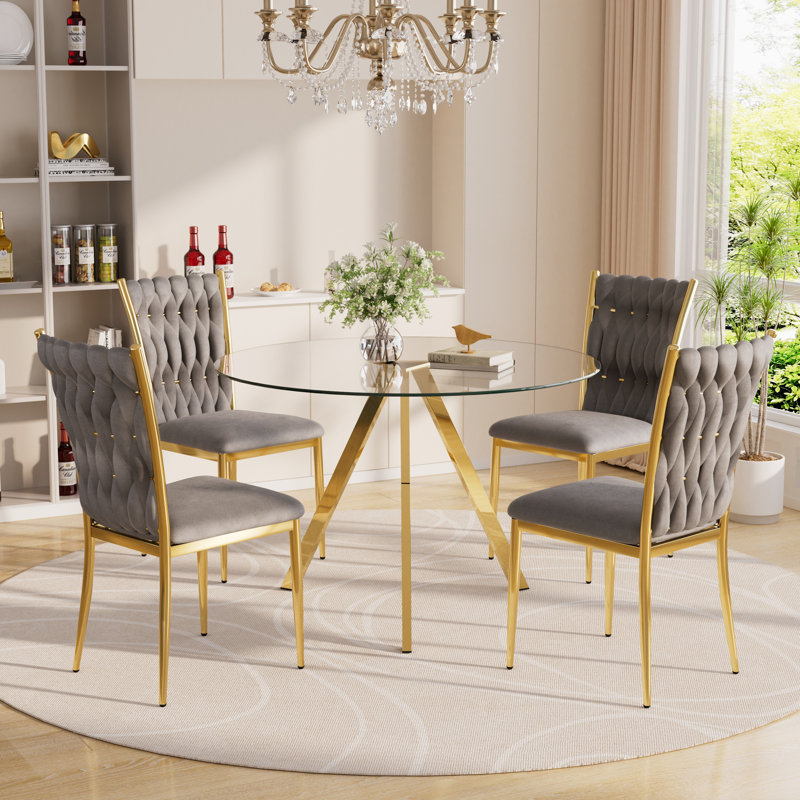 Ensemble de table de salle à manger en verre avec chaises rembourrées en velours, 3, Gris/doré, Doré