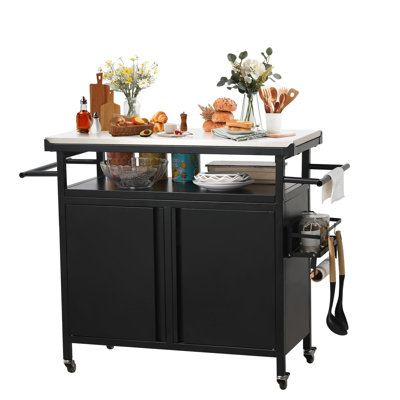 Rolling Bar Grill Cart Outdoor Patio Furniture, Outdoor Grill Table With Stainless Steel Top For Kitchen Prep And Outdoor Storage Cabinet For Grilling