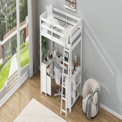 Lit mezzanine double avec bureau en U, tiroirs et tablettes de rangement