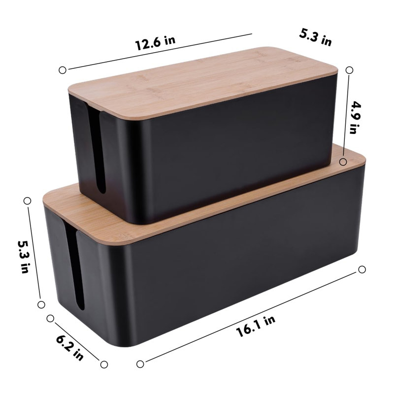 Ensemble de 2 grandes boîtes de gestion des câbles - Boîte de rangement pour câbles en bois et housse pour fils de télévision, ordinateur, routeur, concentrateur USB et multiprise, noir