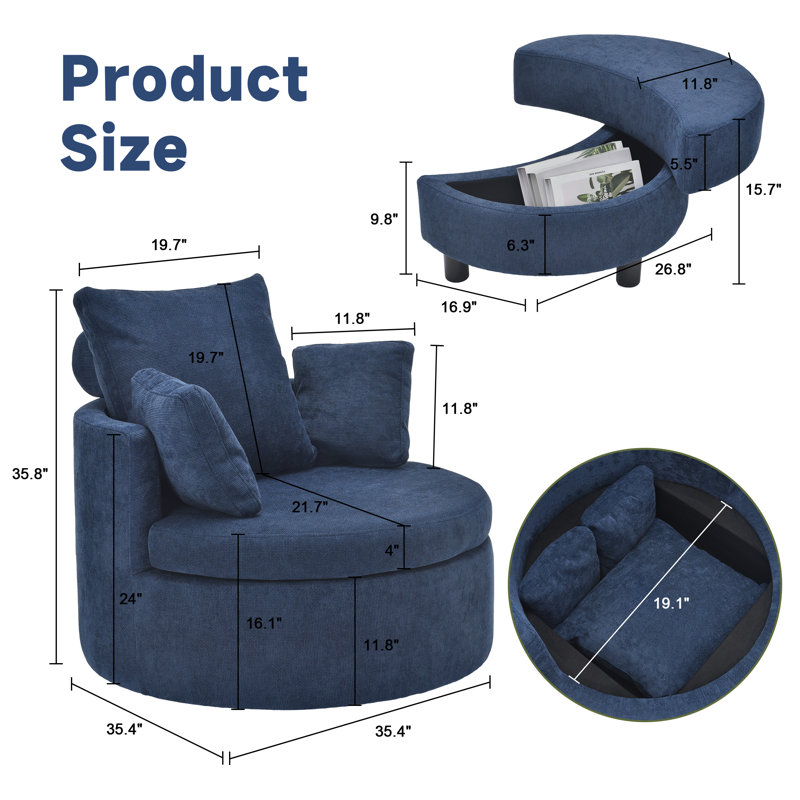 Round Oversized Swivel Barrel Chair with Half Moon Ottoman and Double Storage, Blue