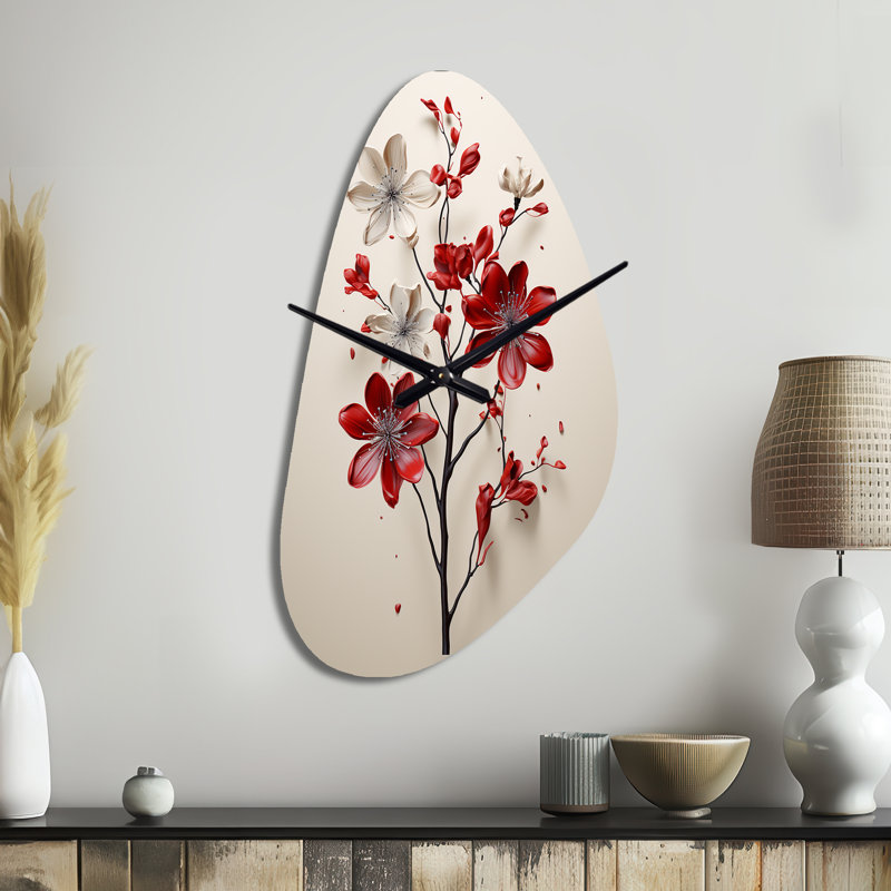 Red Beige Minimalisme Essence de fleur rouge - Minimalisme, horloge murale asymétrique en métal, impression d'horloge murale moderne
