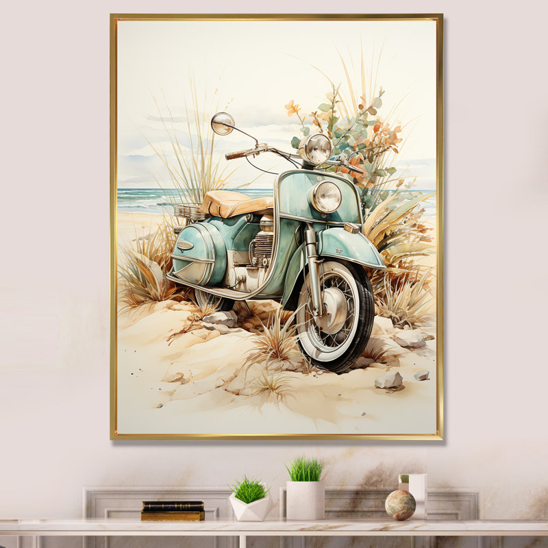 Motocyclette bleue sur la plage - décoration murale plage, H 32 po x l 24 po x P 1 po, Cadre flottant doré
