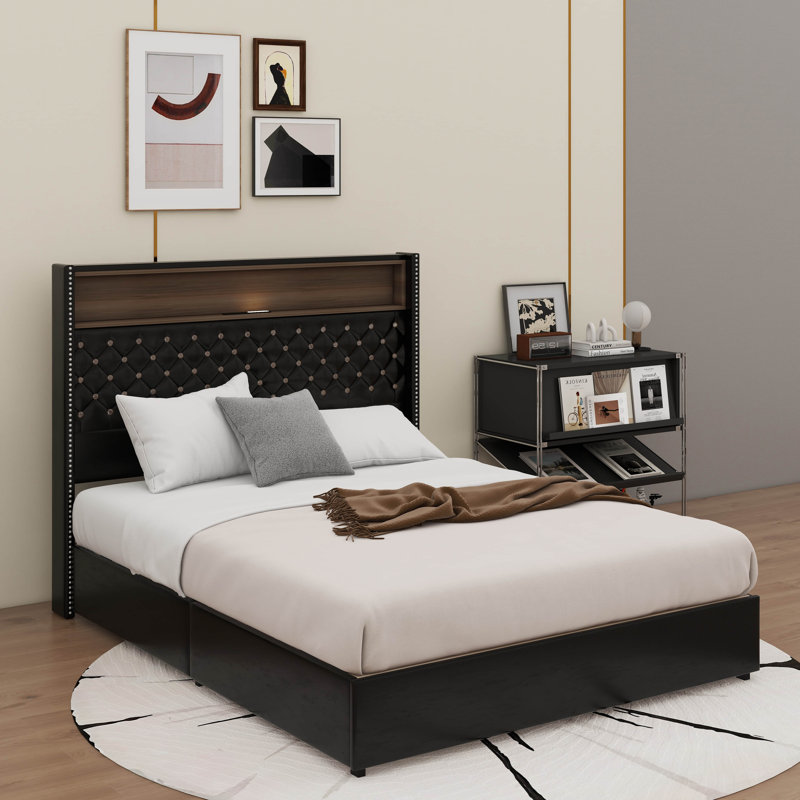 Cadre de lit doux en velours pour grand lit avec port USB et veilleuse, Noir, noir, noir, noir
